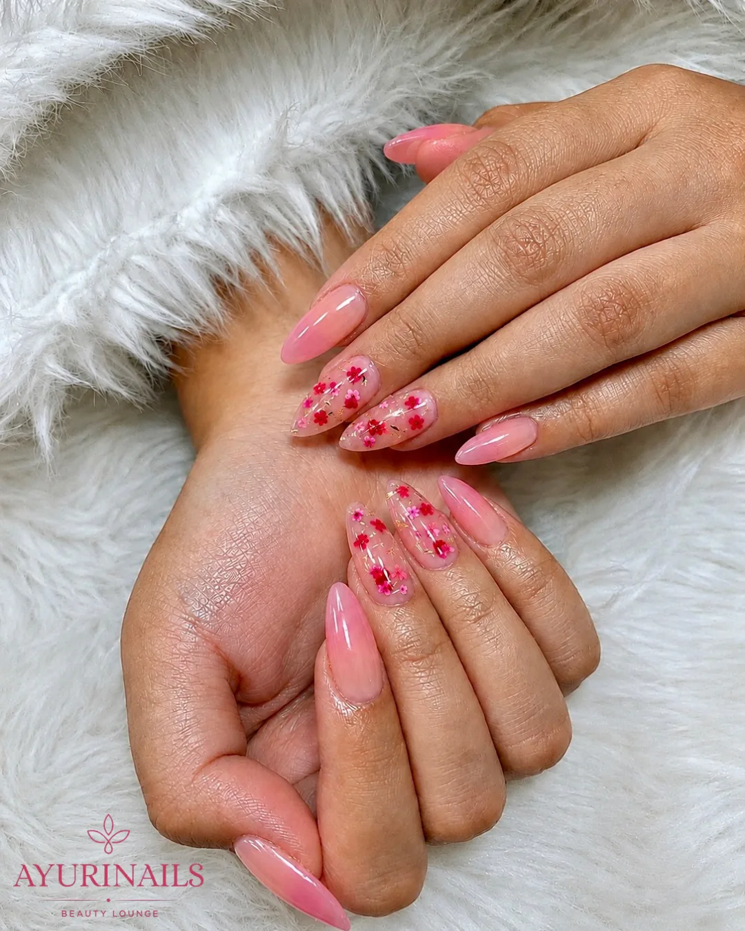 encapsulated dried pressed sakura flower nails on pink jelly almond extensions, AyuriNails Beauty Lounge Makati